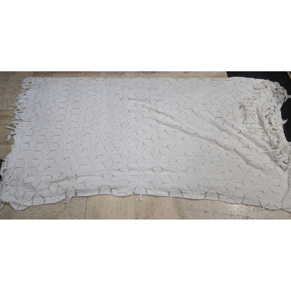 Vtg Off White Bedspread Crochet 82" x 84" Geometric Country Simple Flaws